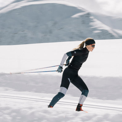 Skier in full speed wearing Trimtex Vision shirt and tights for ski competition